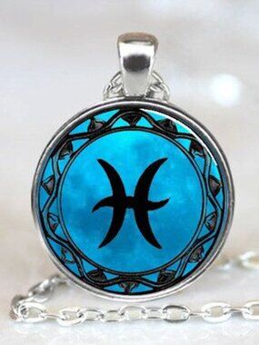 Silver Aqua Blue Pisces Zodiac Symbol Sign Necklace Pendant